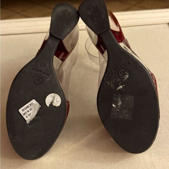 Chanel PVC, silver, & burgundy patent leather platform ankle strap heels. IT 40 - Picture 6 of 12